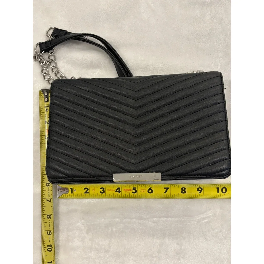 Nine West Black Quilted Chevron Shoulder Bag Silver Chain Strap Flap Handbag